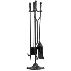 VEVOR Fireplace Tool Set, 5 PCS Fire Tool Set and Holder with Five-Prong Stand, Tongs, Ash Shovel, Brush, Fire Place Poker, Wrought Iron Fireplace Accessories for Campfire Indoor/Outdoor, Black