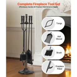 VEVOR Fireplace Tool Set, 5 PCS Fire Tool Set and Holder with Five-Prong Stand, Tongs, Ash Shovel, Brush, Fire Place Poker, Wrought Iron Fireplace Accessories for Campfire Indoor/Outdoor, Black