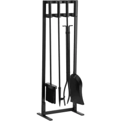 VEVOR Fireplace Tool Set, 4 PCS Fire Tool Set and Holder with Three-Prong Stand, Ash Shovel, Brush, Fire Place Poker, Wrought Iron Fireplace Accessories for Campfire Indoor/Outdoor, Black