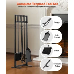 VEVOR Fireplace Tool Set, 4 PCS Fire Tool Set and Holder with Three-Prong Stand, Ash Shovel, Brush, Fire Place Poker, Wrought Iron Fireplace Accessories for Campfire Indoor/Outdoor, Black