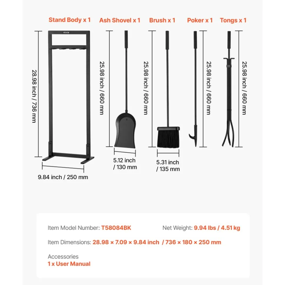 VEVOR Fireplace Tool Set, 5 PCS Fire Tool Set and Holder with Square-Frame Stand, Tongs, Ash Shovel, Brush, Fire Place Poker, Wrought Iron Steel Fireplace Accessories for Indoor/Outdoor, Black