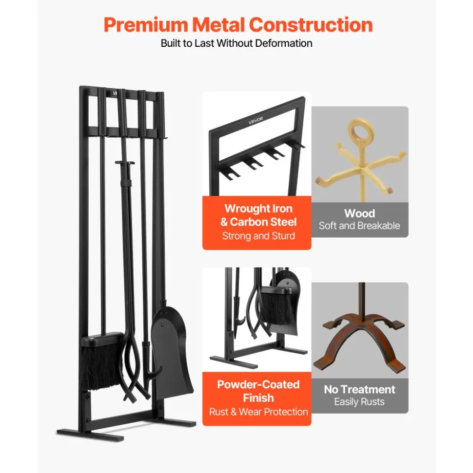 VEVOR Fireplace Tool Set, 5 PCS Fire Tool Set and Holder with Square-Frame Stand, Tongs, Ash Shovel, Brush, Fire Place Poker, Wrought Iron Steel Fireplace Accessories for Indoor/Outdoor, Black