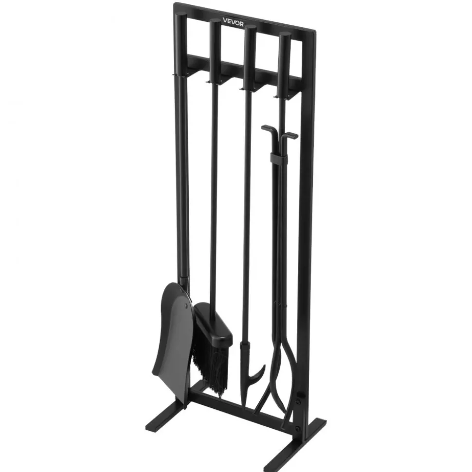 VEVOR Fireplace Tool Set, 5 PCS Fire Tool Set and Holder with Square-Frame Stand, Tongs, Ash Shovel, Brush, Fire Place Poker, Wrought Iron Steel Fireplace Accessories for Indoor/Outdoor, Black