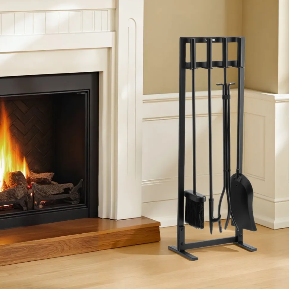 VEVOR Fireplace Tool Set, 5 PCS Fire Tool Set and Holder with Square-Frame Stand, Tongs, Ash Shovel, Brush, Fire Place Poker, Wrought Iron Steel Fireplace Accessories for Indoor/Outdoor, Black