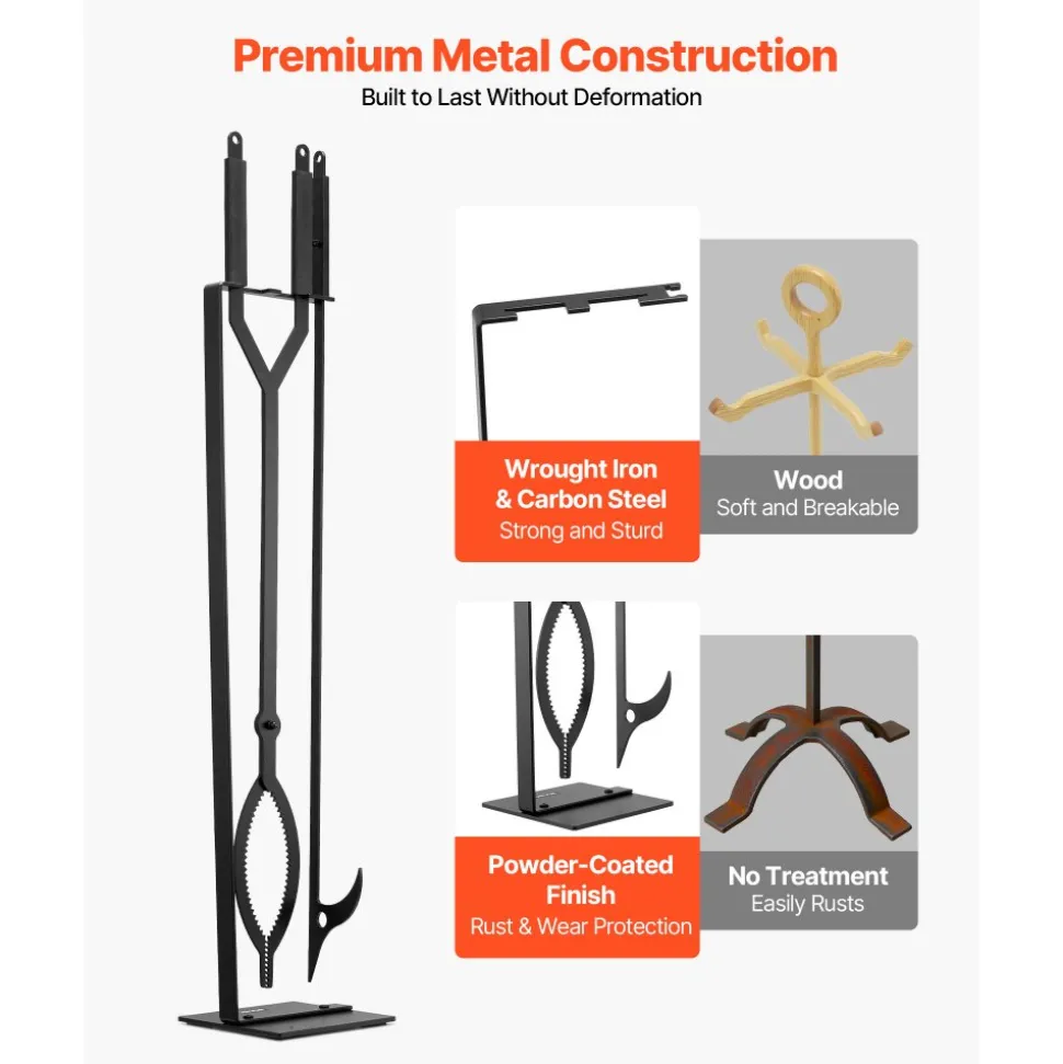 VEVOR Fireplace Tool Set, 3 PCS Fire Tool Set and Holder with Stand, Tongs, Fire Place Poker, Wrought Iron Fireplace Accessories for Campfire Backyard Bonfire Indoor/Outdoor, Black