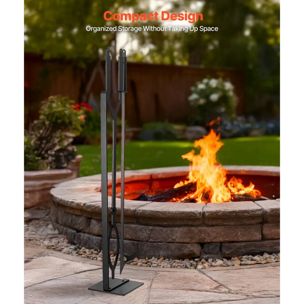VEVOR Fireplace Tool Set, 3 PCS Fire Tool Set and Holder with Stand, Tongs, Fire Place Poker, Wrought Iron Fireplace Accessories for Campfire Backyard Bonfire Indoor/Outdoor, Black
