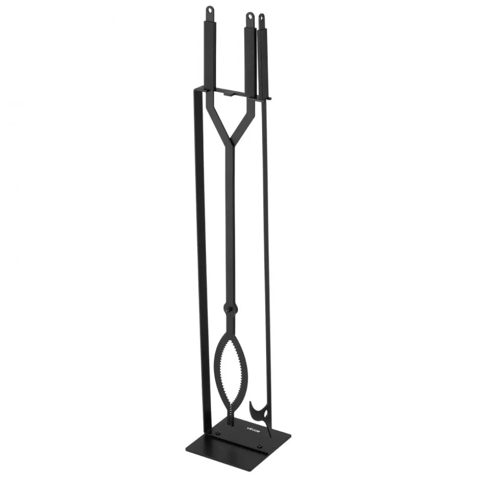 VEVOR Fireplace Tool Set, 3 PCS Fire Tool Set and Holder with Stand, Tongs, Fire Place Poker, Wrought Iron Fireplace Accessories for Campfire Backyard Bonfire Indoor/Outdoor, Black