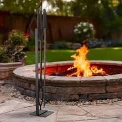 VEVOR Fireplace Tool Set, 3 PCS Fire Tool Set and Holder with Stand, Tongs, Fire Place Poker, Wrought Iron Fireplace Accessories for Campfire Backyard Bonfire Indoor/Outdoor, Black