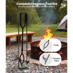 VEVOR Fireplace Tool Set, 3 PCS Fire Tool Set and Holder with Stand, Tongs, Fire Place Poker, Wrought Iron Fireplace Accessories for Campfire Backyard Bonfire Indoor/Outdoor, Black