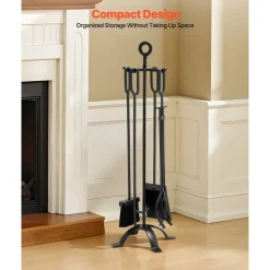 VEVOR Fireplace Tool Set, 5 PCS Fire Tool Set and Holder with Four-Prong Stand, Tongs, Ash Shovel, Brush, Fire Place Poker, Wrought Iron Fireplace Accessories for Campfire Indoor/Outdoor, Black