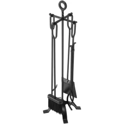 VEVOR Fireplace Tool Set, 5 PCS Fire Tool Set and Holder with Four-Prong Stand, Tongs, Ash Shovel, Brush, Fire Place Poker, Wrought Iron Fireplace Accessories for Campfire Indoor/Outdoor, Black