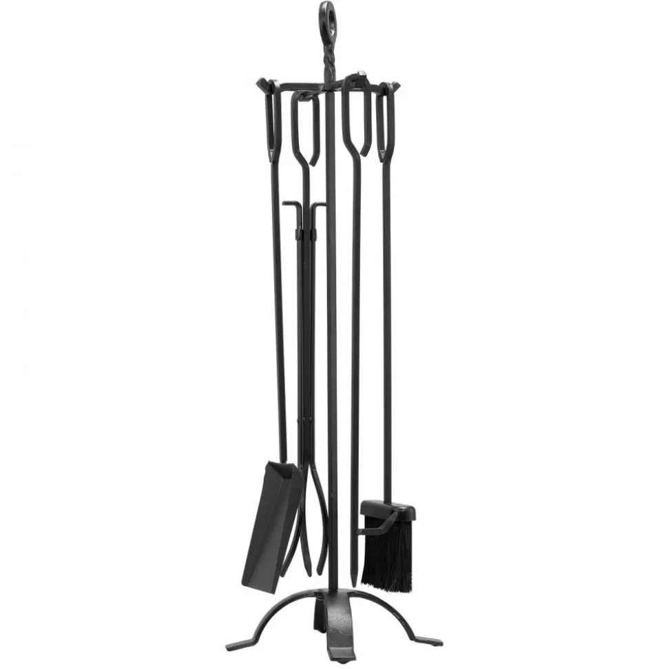 VEVOR Fireplace Tool Set, 5 PCS Fire Tool Set and Holder with Four-Prong Stand, Tongs, Ash Shovel, Brush, Fire Place Poker, Wrought Iron Fireplace Accessories for Campfire Indoor/Outdoor, Black