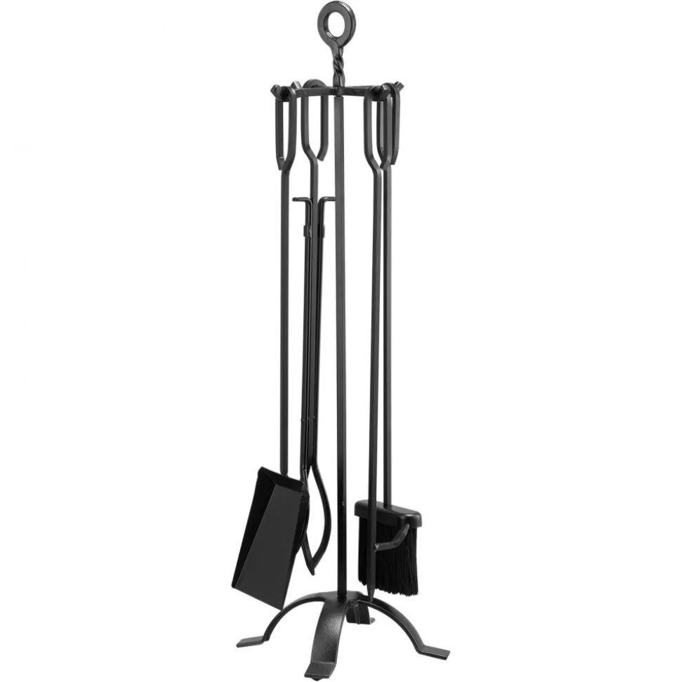 VEVOR Fireplace Tool Set, 5 PCS Fire Tool Set and Holder with Four-Prong Stand, Tongs, Ash Shovel, Brush, Fire Place Poker, Wrought Iron Fireplace Accessories for Campfire Indoor/Outdoor, Black