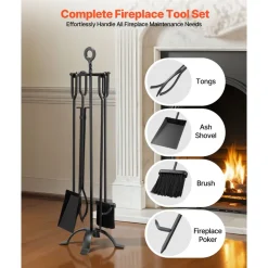 VEVOR Fireplace Tool Set, 5 PCS Fire Tool Set and Holder with Four-Prong Stand, Tongs, Ash Shovel, Brush, Fire Place Poker, Wrought Iron Fireplace Accessories for Campfire Indoor/Outdoor, Black