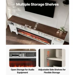 VEVOR Fireplace TV Stand, Farmhouse Fireplace TV Stand for TVs up to 100 inch, Farmhouse Entertainment Center with 60 inch Fireplace & Storage Drawers for Living Room Bedroom, Remote Control, White
