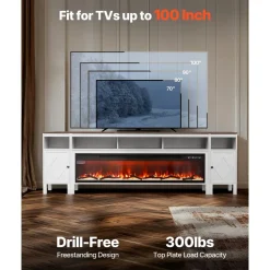 VEVOR Fireplace TV Stand, Farmhouse Fireplace TV Stand for TVs up to 100 inch, Farmhouse Entertainment Center with 60 inch Fireplace & Storage Drawers for Living Room Bedroom, Remote Control, White
