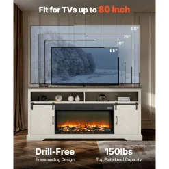 VEVOR Fireplace TV Stand, Farmhouse Fireplace TV Stand for TVs up to 80 inch, Farmhouse Entertainment Center with 36 inch Fireplace & LED Lights, Electric Fireplaces for Living Room Bedroom, White