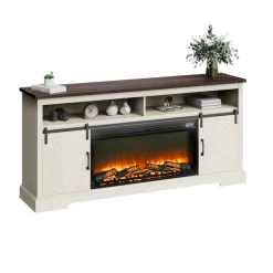 VEVOR Fireplace TV Stand, Farmhouse Fireplace TV Stand for TVs up to 80 inch, Farmhouse Entertainment Center with 36 inch Fireplace & LED Lights, Electric Fireplaces for Living Room Bedroom, White
