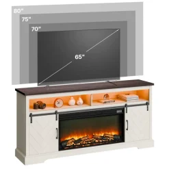 VEVOR Fireplace TV Stand, Farmhouse Fireplace TV Stand for TVs up to 80 inch, Farmhouse Entertainment Center with 36 inch Fireplace & LED Lights, Electric Fireplaces for Living Room Bedroom, White