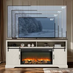 VEVOR Fireplace TV Stand, Farmhouse Fireplace TV Stand for TVs up to 80 inch, Farmhouse Entertainment Center with 36 inch Fireplace & LED Lights, Electric Fireplaces for Living Room Bedroom, White