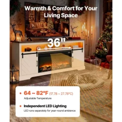 VEVOR Fireplace TV Stand, Farmhouse Fireplace TV Stand for TVs up to 80 inch, Farmhouse Entertainment Center with 36 inch Fireplace & LED Lights, Electric Fireplaces for Living Room Bedroom, White
