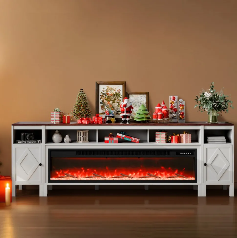 VEVOR 100" Fireplace TV Stand, Media Storage Corner with 60" Fireplace, Storage Drawers & Cabinets, Pastoral TV Console Table with 20 LED Lights, Remote Control and Timer for Living Room, White
