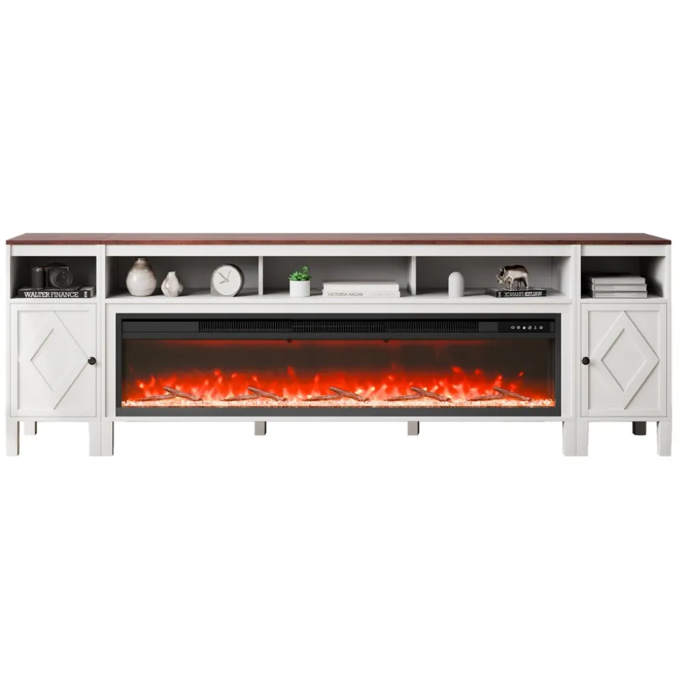 VEVOR 100" Fireplace TV Stand, Media Storage Corner with 60" Fireplace, Storage Drawers & Cabinets, Pastoral TV Console Table with 20 LED Lights, Remote Control and Timer for Living Room, White