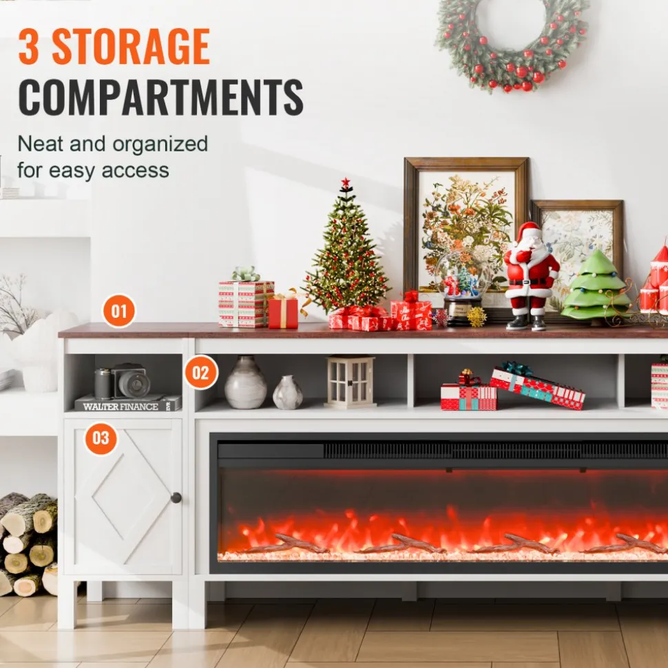 VEVOR 100" Fireplace TV Stand, Media Storage Corner with 60" Fireplace, Storage Drawers & Cabinets, Pastoral TV Console Table with 20 LED Lights, Remote Control and Timer for Living Room, White