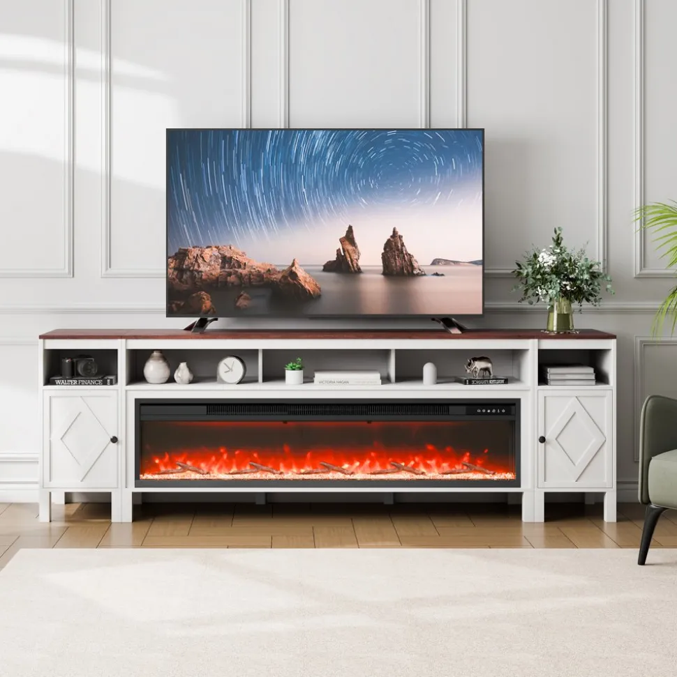 VEVOR 100" Fireplace TV Stand, Media Storage Corner with 60" Fireplace, Storage Drawers & Cabinets, Pastoral TV Console Table with 20 LED Lights, Remote Control and Timer for Living Room, White