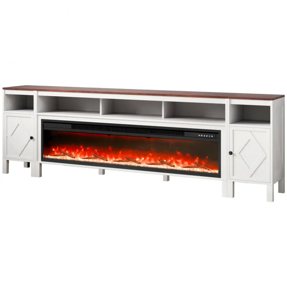 VEVOR 100" Fireplace TV Stand, Media Storage Corner with 60" Fireplace, Storage Drawers & Cabinets, Pastoral TV Console Table with 20 LED Lights, Remote Control and Timer for Living Room, White
