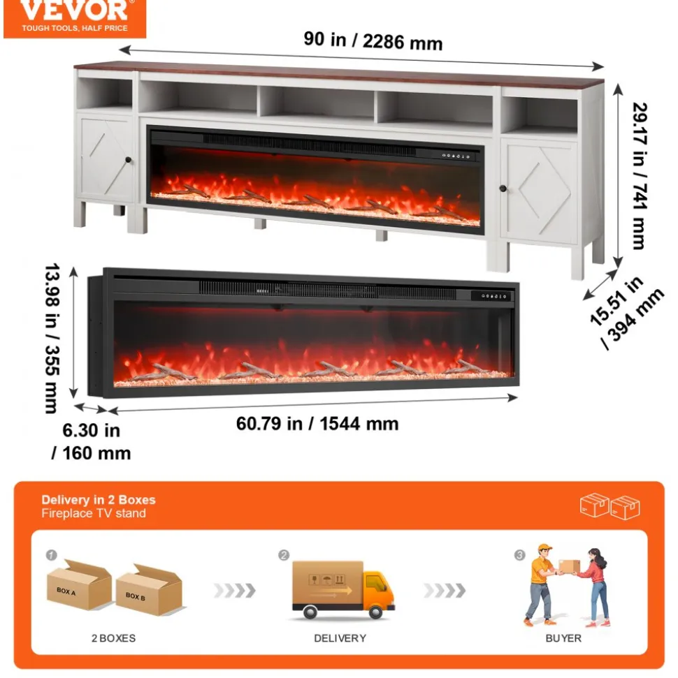 VEVOR 100" Fireplace TV Stand, Media Storage Corner with 60" Fireplace, Storage Drawers & Cabinets, Pastoral TV Console Table with 20 LED Lights, Remote Control and Timer for Living Room, White