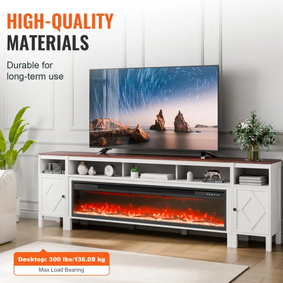 VEVOR 100" Fireplace TV Stand, Media Storage Corner with 60" Fireplace, Storage Drawers & Cabinets, Pastoral TV Console Table with 20 LED Lights, Remote Control and Timer for Living Room, White