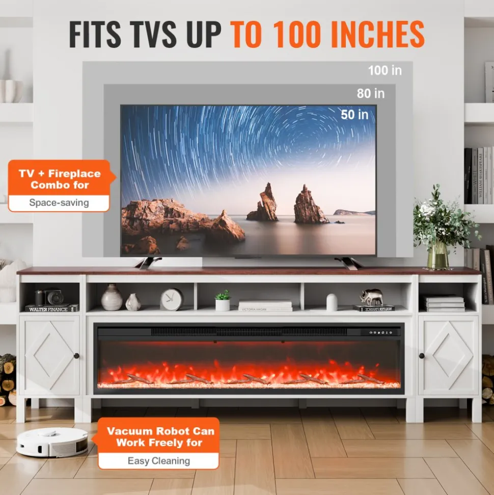 VEVOR 100" Fireplace TV Stand, Media Storage Corner with 60" Fireplace, Storage Drawers & Cabinets, Pastoral TV Console Table with 20 LED Lights, Remote Control and Timer for Living Room, White