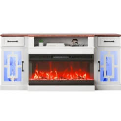 VEVOR 80" Fireplace TV Stand, Media Storage Corner with 36" Fireplace, Storage Drawers & Cabinets, Vintage TV Console Table with 20 LED Lights, Remote Control & Timer for Living Room, Brown & White