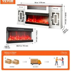 VEVOR 80" Fireplace TV Stand, Media Storage Corner with 36" Fireplace, Storage Drawers & Cabinets, Vintage TV Console Table with 20 LED Lights, Remote Control & Timer for Living Room, Brown & White