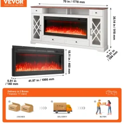 VEVOR 80" Fireplace TV Stand, Media Storage Corner with 42" Fireplace, Storage Drawers & Cabinets, Pastoral TV Console Table with 20 LED Lights, Remote Control & Timer for Living Room, Brown + White