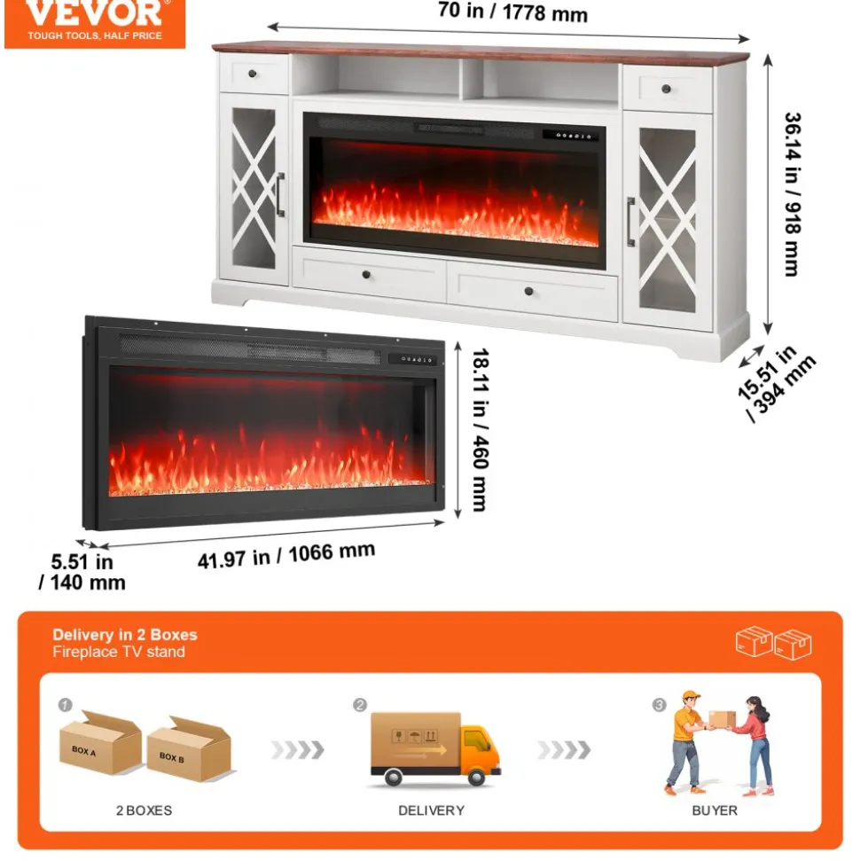 VEVOR 80" Fireplace TV Stand, Media Storage Corner with 42" Fireplace, Storage Drawers & Cabinets, Pastoral TV Console Table with 20 LED Lights, Remote Control & Timer for Living Room, Brown + White