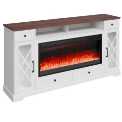 VEVOR 80" Fireplace TV Stand, Media Storage Corner with 42" Fireplace, Storage Drawers & Cabinets, Pastoral TV Console Table with 20 LED Lights, Remote Control & Timer for Living Room, Brown + White