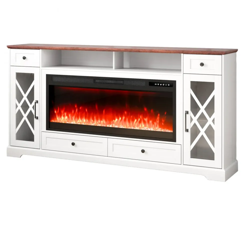 VEVOR 80" Fireplace TV Stand, Media Storage Corner with 42" Fireplace, Storage Drawers & Cabinets, Pastoral TV Console Table with 20 LED Lights, Remote Control & Timer for Living Room, Brown + White