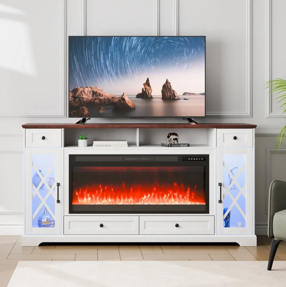 VEVOR 80" Fireplace TV Stand, Media Storage Corner with 42" Fireplace, Storage Drawers & Cabinets, Pastoral TV Console Table with 20 LED Lights, Remote Control & Timer for Living Room, Brown + White