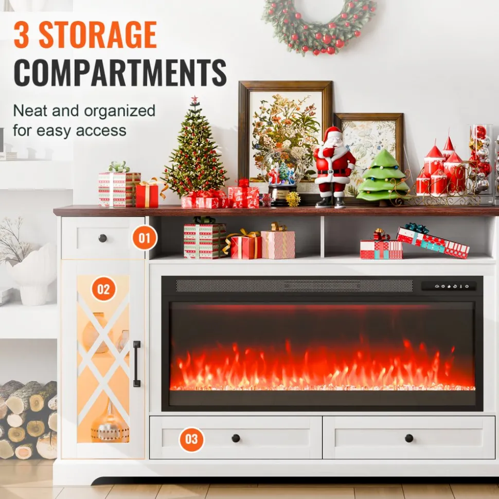 VEVOR 80" Fireplace TV Stand, Media Storage Corner with 42" Fireplace, Storage Drawers & Cabinets, Pastoral TV Console Table with 20 LED Lights, Remote Control & Timer for Living Room, Brown + White