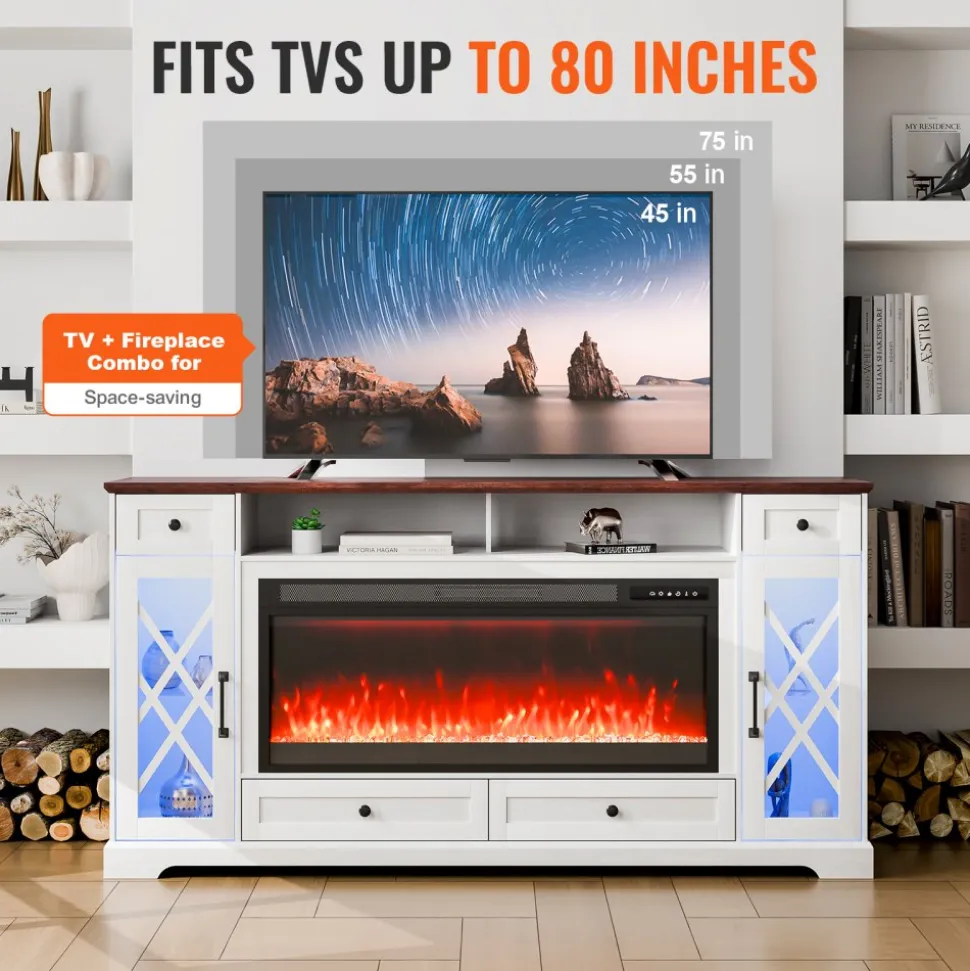 VEVOR 80" Fireplace TV Stand, Media Storage Corner with 42" Fireplace, Storage Drawers & Cabinets, Pastoral TV Console Table with 20 LED Lights, Remote Control & Timer for Living Room, Brown + White