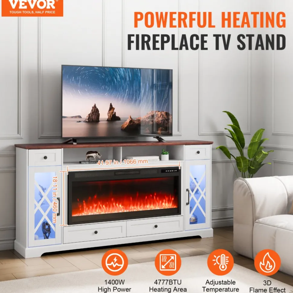 VEVOR 80" Fireplace TV Stand, Media Storage Corner with 42" Fireplace, Storage Drawers & Cabinets, Pastoral TV Console Table with 20 LED Lights, Remote Control & Timer for Living Room, Brown + White