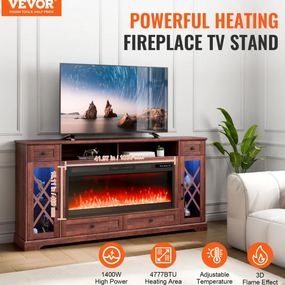 VEVOR 80" Fireplace TV Stand, Media Storage Corner with 42" Fireplace, Storage Drawers & Cabinets, Pastoral TV Console Table with 20 LED Lights, Remote Control and Timer for Living Room, Brown