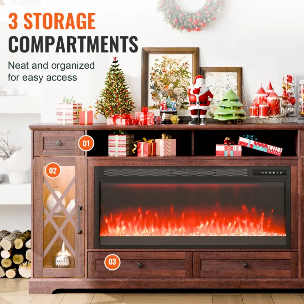 VEVOR 80" Fireplace TV Stand, Media Storage Corner with 42" Fireplace, Storage Drawers & Cabinets, Pastoral TV Console Table with 20 LED Lights, Remote Control and Timer for Living Room, Brown