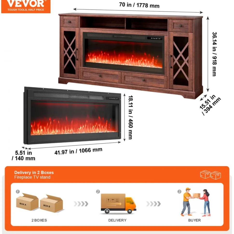 VEVOR 80" Fireplace TV Stand, Media Storage Corner with 42" Fireplace, Storage Drawers & Cabinets, Pastoral TV Console Table with 20 LED Lights, Remote Control and Timer for Living Room, Brown