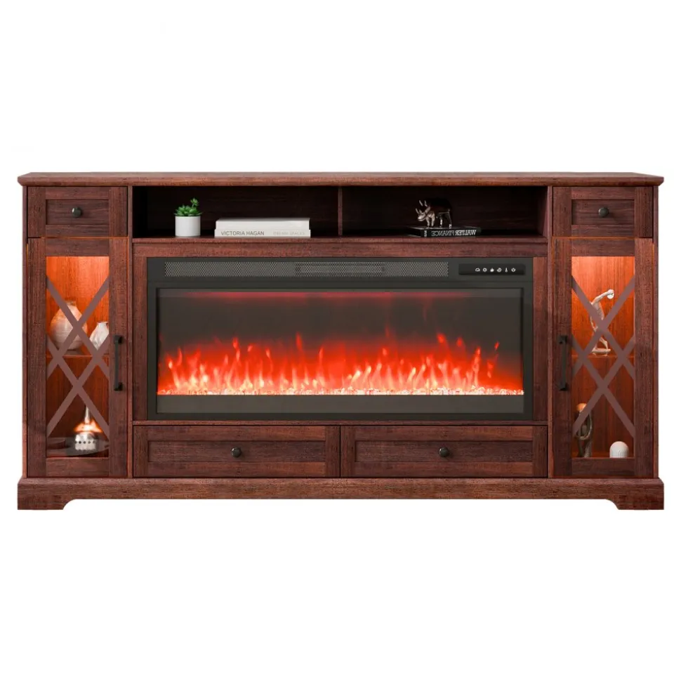 VEVOR 80" Fireplace TV Stand, Media Storage Corner with 42" Fireplace, Storage Drawers & Cabinets, Pastoral TV Console Table with 20 LED Lights, Remote Control and Timer for Living Room, Brown