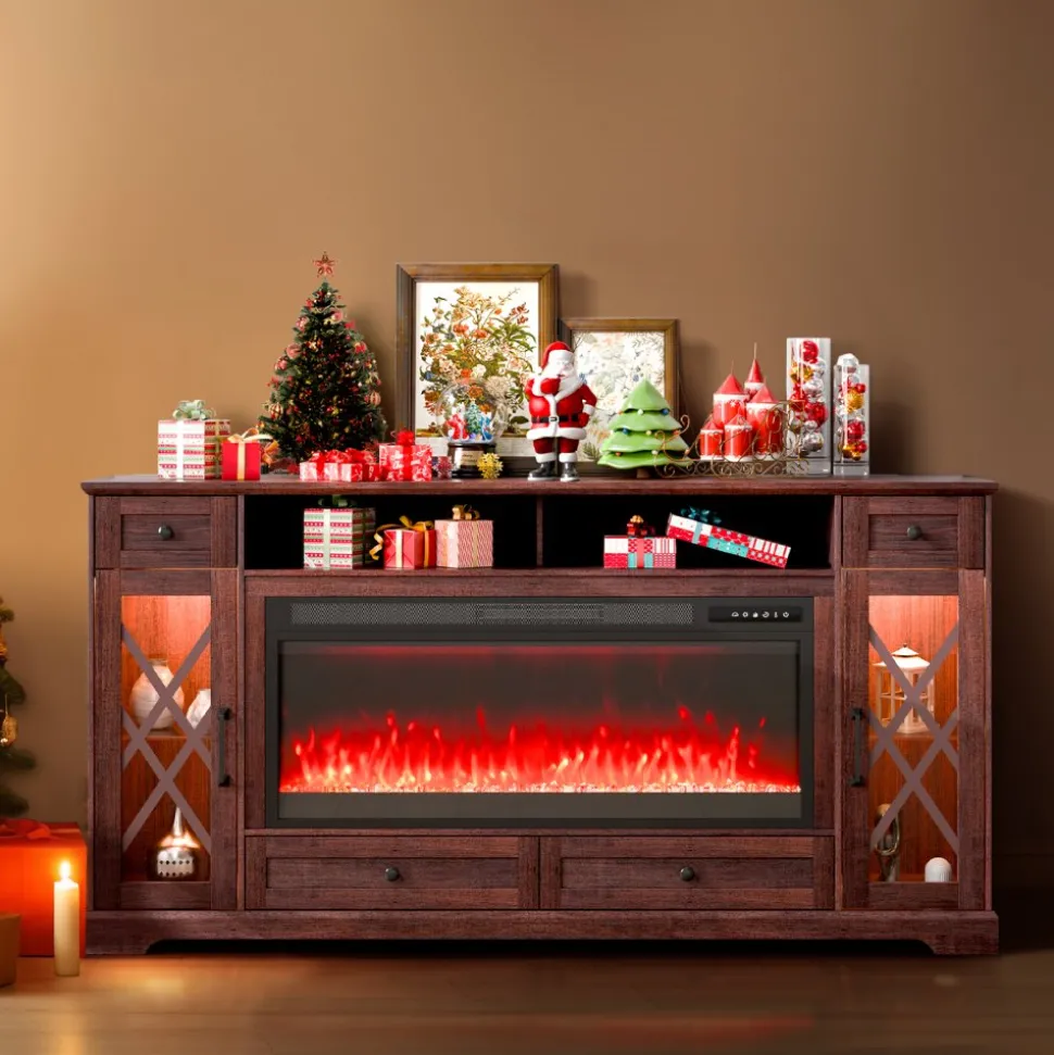 VEVOR 80" Fireplace TV Stand, Media Storage Corner with 42" Fireplace, Storage Drawers & Cabinets, Pastoral TV Console Table with 20 LED Lights, Remote Control and Timer for Living Room, Brown
