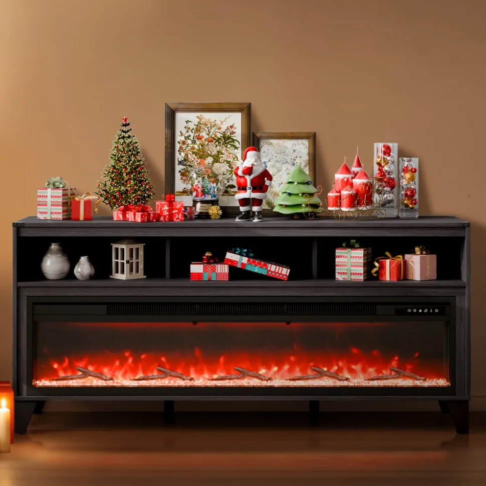 VEVOR 80" Fireplace TV Stand, Media Storage Corner with 60" Fireplace, Storage Drawers & Cabinets, Industrial Style TV Console Table with 20 Flames, Remote Control & Timer for Living Room, Black