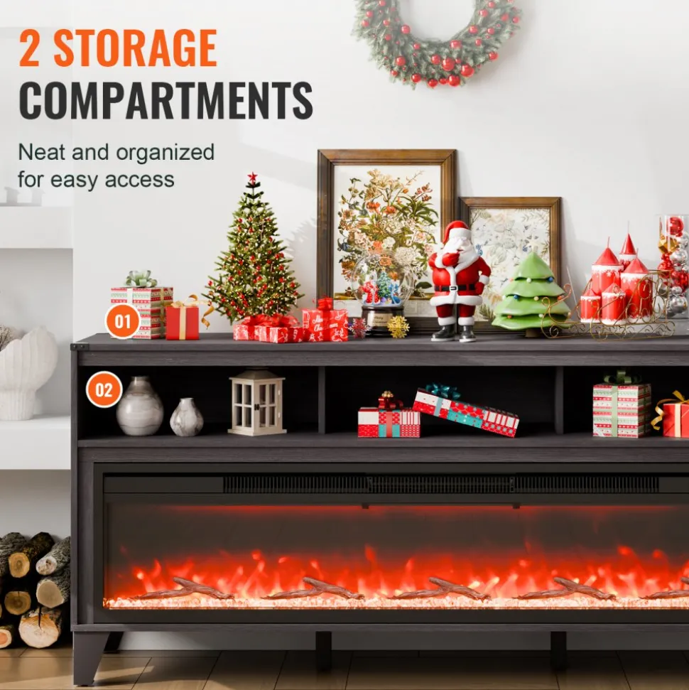 VEVOR 80" Fireplace TV Stand, Media Storage Corner with 60" Fireplace, Storage Drawers & Cabinets, Industrial Style TV Console Table with 20 Flames, Remote Control & Timer for Living Room, Black
